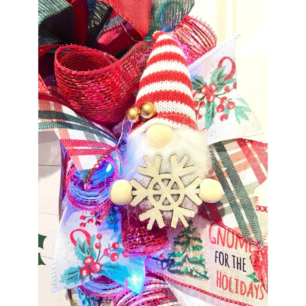 Handmade Christmas Gnome for the Holidays Ribbon Door Wreath 22 ins LED W37